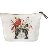 Winter Cat And Birds Canvas Pouch